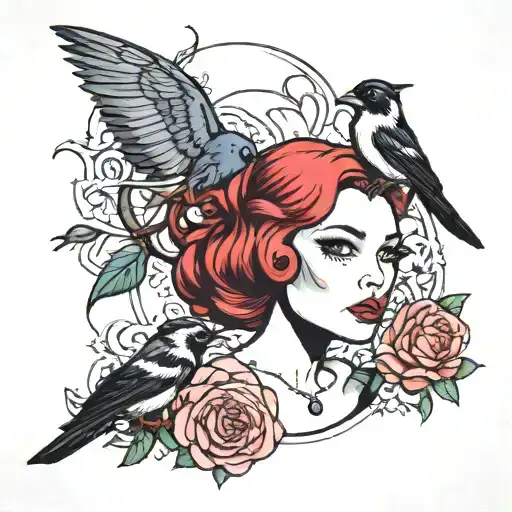 magpie, fairy, rose, pin up girl, x files, Debbie Harry , horror tattoo design idea