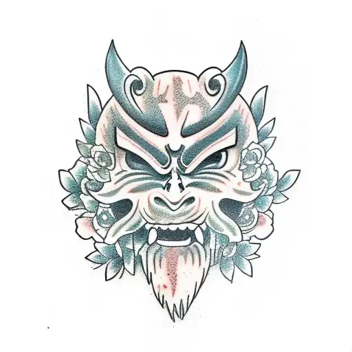 oni mask cut in half with flowers in the middle tattoo design idea