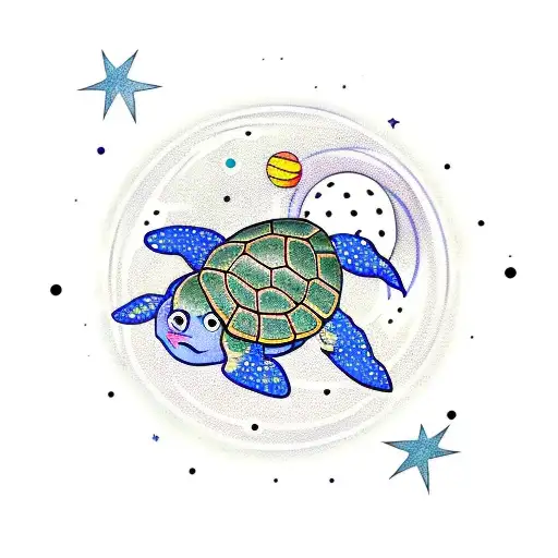 animated turtle in space with planets and stars in the tattoo style American traditional tattoo design idea
