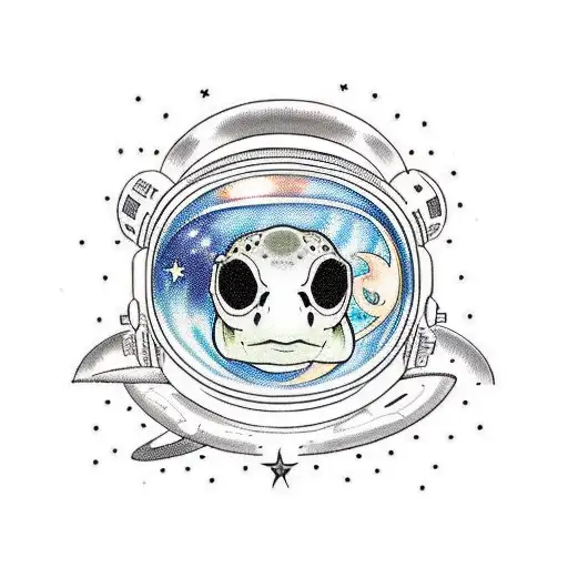 animated turtle with an astronaut helmet in space with planets and stars in the tattoo style American traditional tattoo design idea