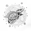animated turtle in space with planets and stars in the tattoo style American traditional tattoo design idea