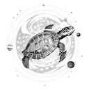animated turtle in space with planets and stars in the tattoo style American traditional tattoo design idea