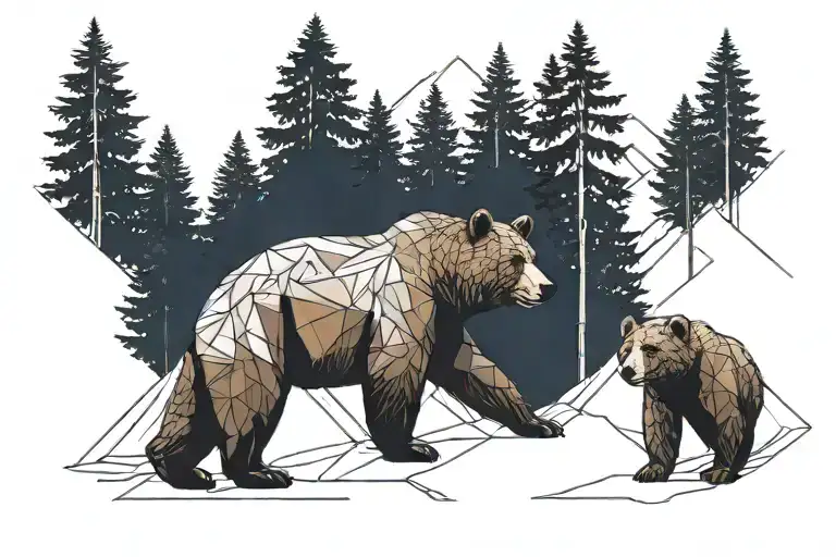 a bear family with a bear cub walking through the forest one behind the other. on a mountain background with fir trees a tattoo design idea