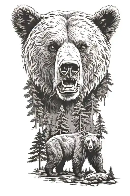 bear and forest tattoo design idea