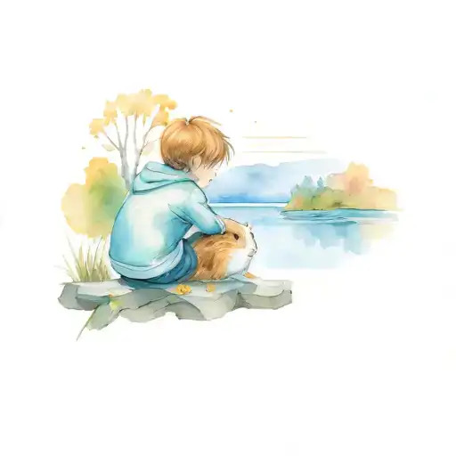 A boy sitting next to a guinea pig staring at a lake. The lake has trees around the edge and it is autumn.  tattoo design idea