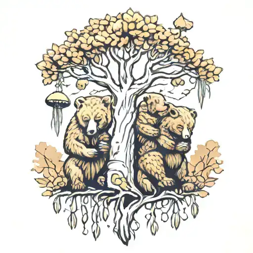 4 bears a willow tree and mushrooms tattoo design idea