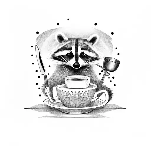A dotwork tattoo of a mischievous raccoon holding a coffee cup and a chef's knife, representing the client's affinity for both raccoons and cooking tattoo design idea