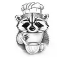 A dotwork tattoo of a mischievous raccoon holding a coffee cup and a chef's knife, representing the client's affinity for both raccoons and cooking tattoo design idea
