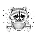 A dotwork tattoo of a mischievous raccoon holding a coffee cup and a chef's knife, representing the client's affinity for both raccoons and cooking tattoo design idea