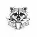 A dotwork tattoo of a mischievous raccoon holding a coffee cup and a chef's knife, representing the client's affinity for both raccoons and cooking tattoo design idea