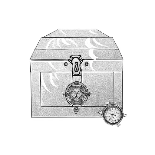 treasure chest with gold spilling out, with one emerald piece spilling out aswell. with a compass above it all. tattoo design idea
