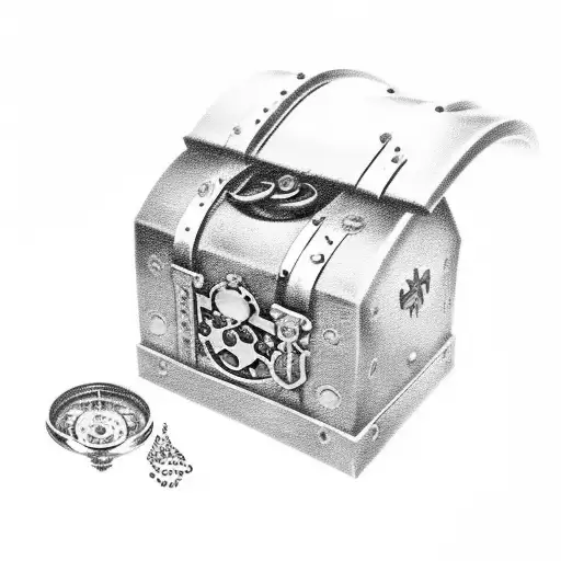 treasure chest with gold spilling out, with one emerald piece spilling out aswell. with a compass above it all. tattoo design idea