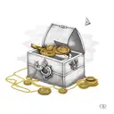 treasure chest with gold spilling out, with one emerald piece spilling out aswell. with a compass above it all. tattoo design idea
