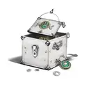 treasure chest with gold spilling out, with one emerald piece spilling out aswell. with a compass above it all. tattoo design idea