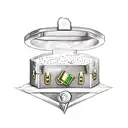 treasure chest with gold spilling out, with one emerald piece spilling out aswell. with a compass above it all. tattoo design idea