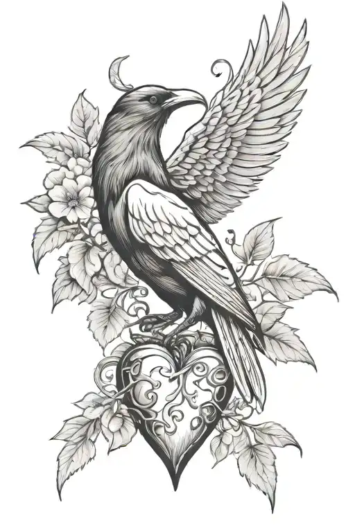 Bleeding heart and crow tattoo design idea