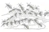 line of ants walking around bicep tattoo design idea