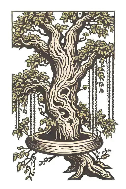 willow tree with wood swing hanging from branch tattoo design idea