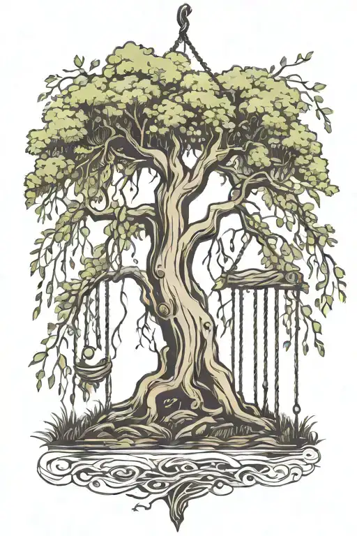 willow tree with wood swing hanging from branch tattoo design idea