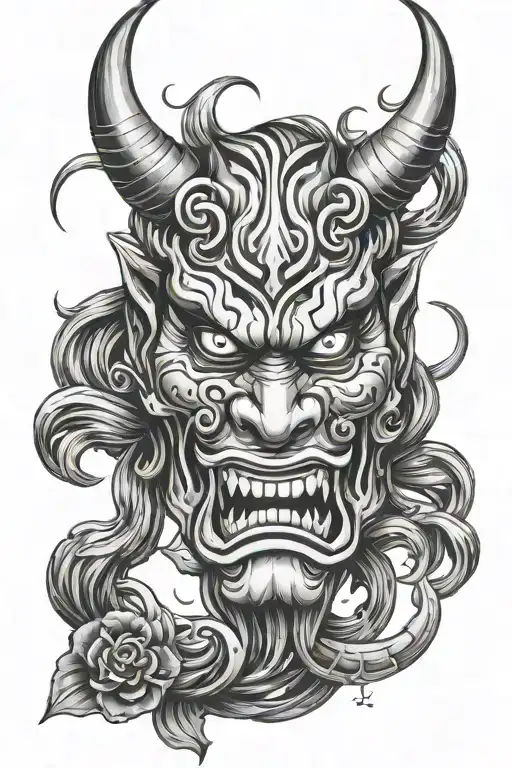 oni mask with Gemini symbol intertwined symbolizing tattoo design idea