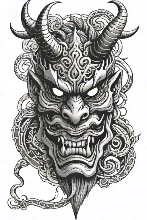 oni mask with Gemini symbol intertwined symbolizing tattoo design idea