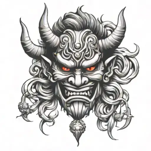 oni mask with Gemini symbol intertwined symbolizing tattoo design idea
