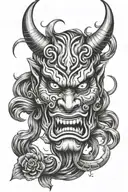 oni mask with Gemini symbol intertwined symbolizing tattoo design idea