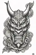 oni mask with Gemini symbol intertwined symbolizing tattoo design idea