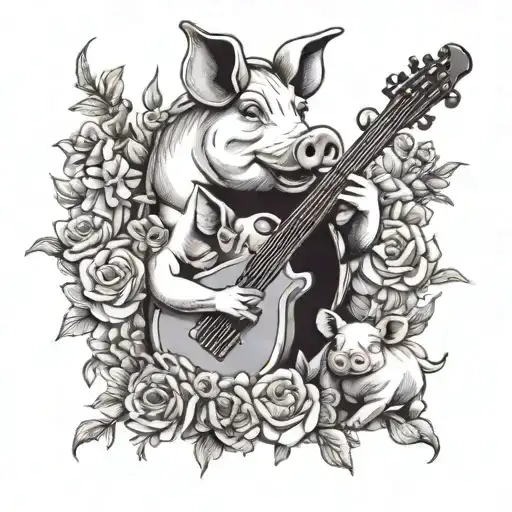 A pig family band performing in a flower garden tattoo design idea
