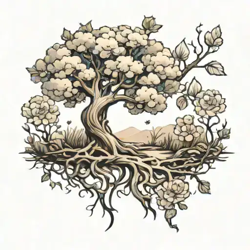 I want a tattoo that starts out as wild flowers that flow upwards into tree roots, the tree is a big healthy oak tree wi tattoo design idea