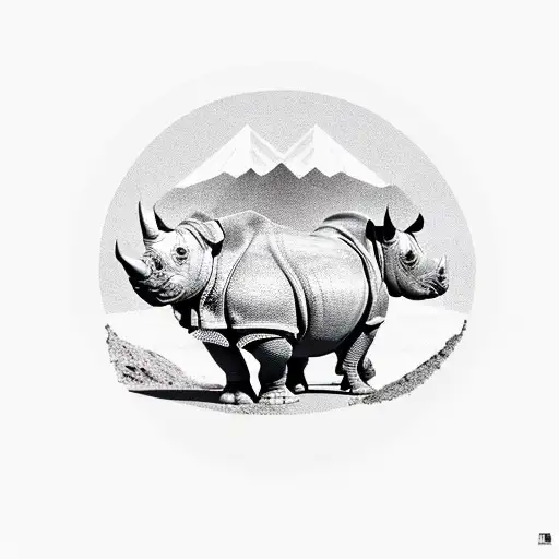 A majestic rhino standing strong amidst a barren desert, symbolizing the client's resilience in their construction occupation and their love for the outdoors. tattoo design idea