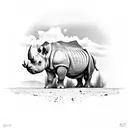 A majestic rhino standing strong amidst a barren desert, symbolizing the client's resilience in their construction occupation and their love for the outdoors. tattoo design idea