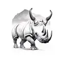 A majestic rhino standing strong amidst a barren desert, symbolizing the client's resilience in their construction occupation and their love for the outdoors. tattoo design idea