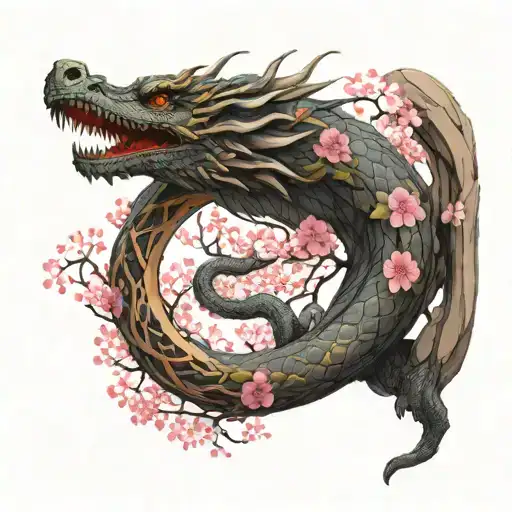 ouroboros dragon with cherry blossom tree tattoo design idea