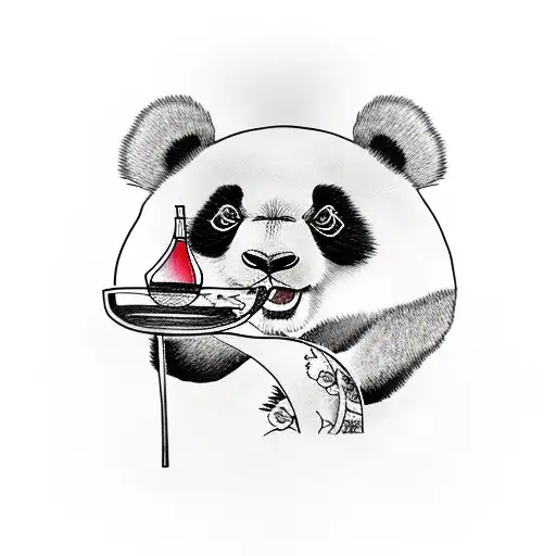 Panda holding a wine glass with a vineyard in the background tattoo design idea