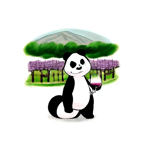 Panda holding a wine glass with a vineyard in the background tattoo design idea