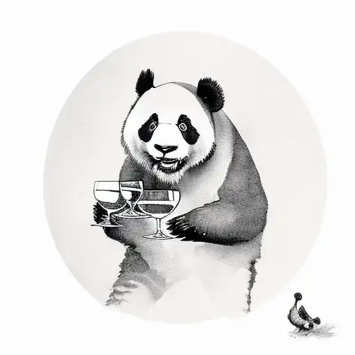Panda holding a wine glass with a vineyard in the background tattoo design idea