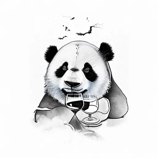 Panda holding a wine glass with a vineyard in the background tattoo design idea