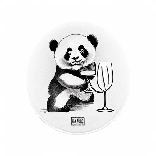 Panda holding a wine glass with a vineyard in the background tattoo design idea