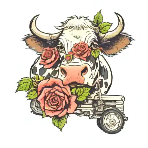 cow with a rose and a tractor tattoo design idea