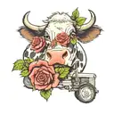 cow with a rose and a tractor tattoo design idea