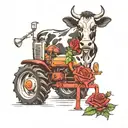 cow with a rose and a tractor tattoo design idea