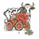 cow with a rose and a tractor tattoo design idea