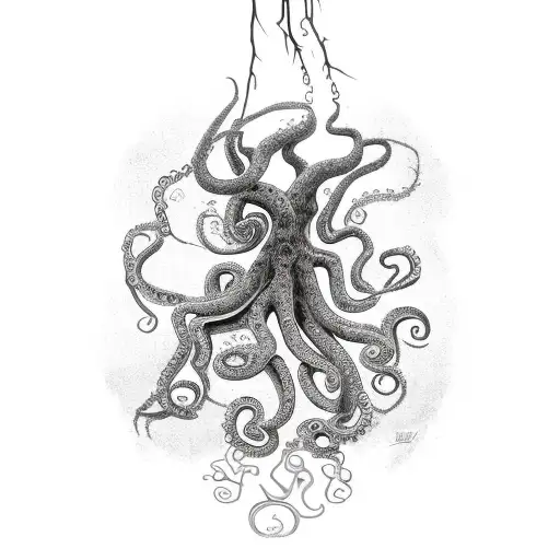 tree with octopus tentacle roots ana woman hanging by one of the tentacles and an old stained glass tattoo design idea