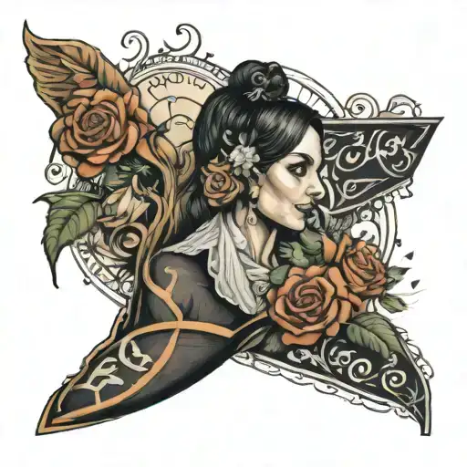 Create a tattoo sleeve that integrates imagery from The musicals: Hamilton, Hadestown, Les Miserables, Wicked,  tattoo design idea