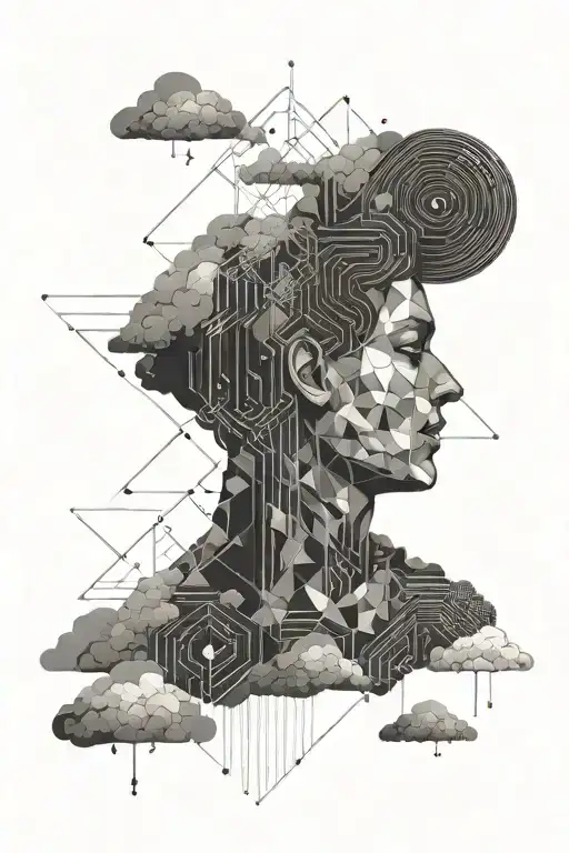 Overthinking person medidating in clouds tattoo design idea