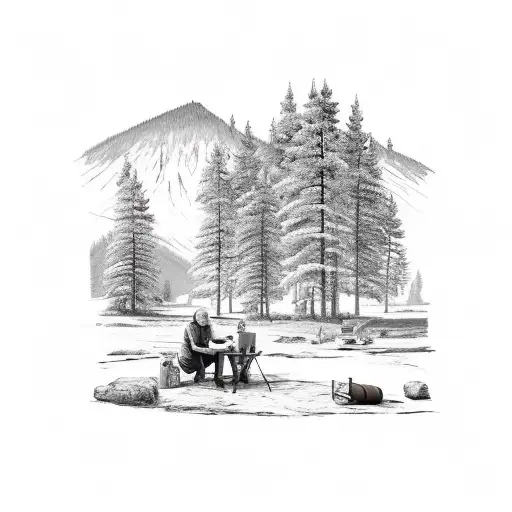 montana landscape with a grandfather and grandson camping with a dog tattoo design idea