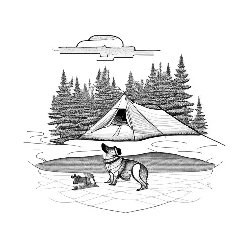 a north west montana landscape that has a campsite with a dog. and having a grandson and grandpa fishing tattoo design idea