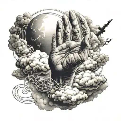 God's hand reaching down from the clouds to touch the earth with celestial line patterns tattoo design idea