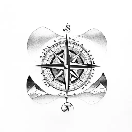 compass with mountain and waves tattoo design idea